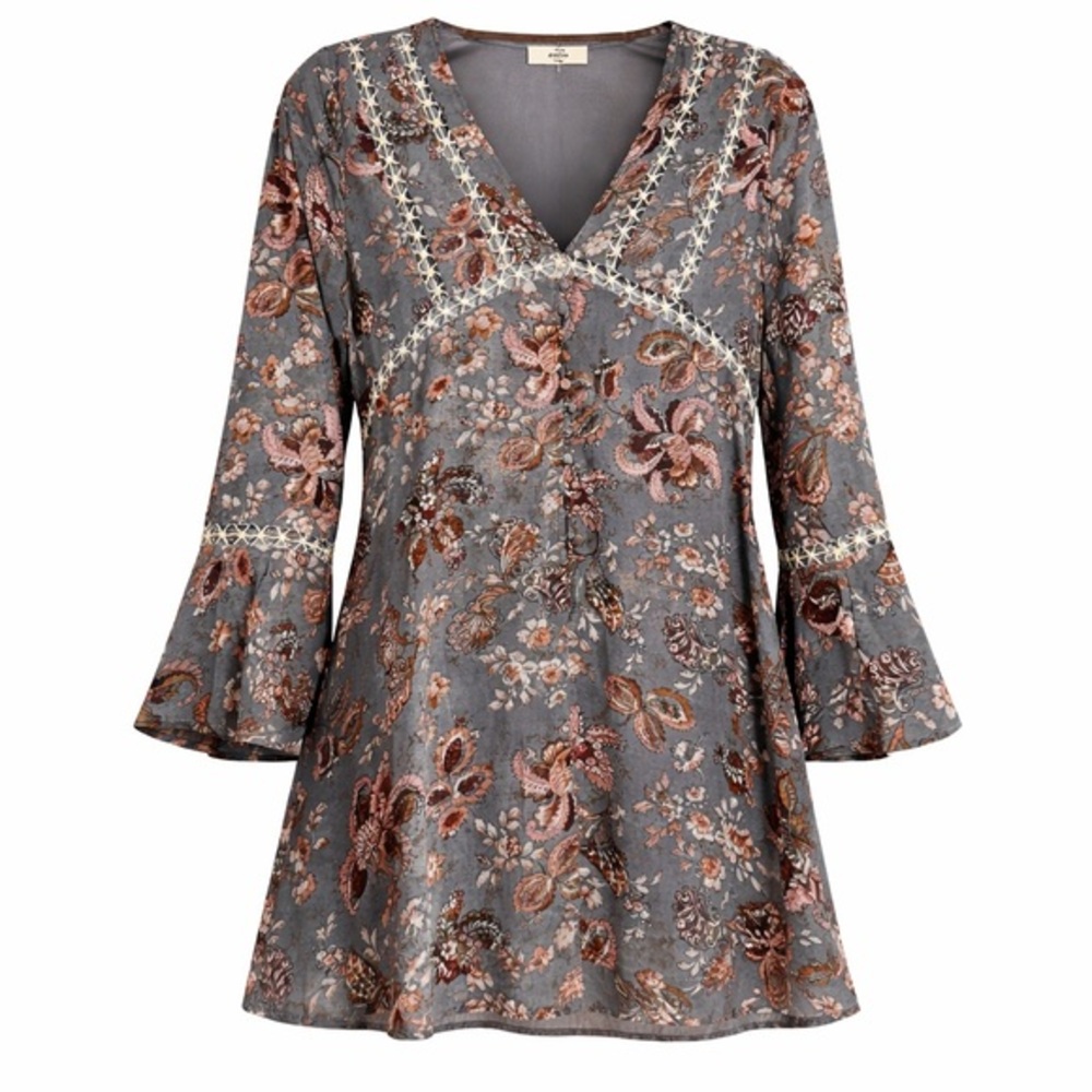 Entro Boho Floral Dress Size S NWT Bell Sleeve V Neck Crochet Trim - Picture 1 of 11